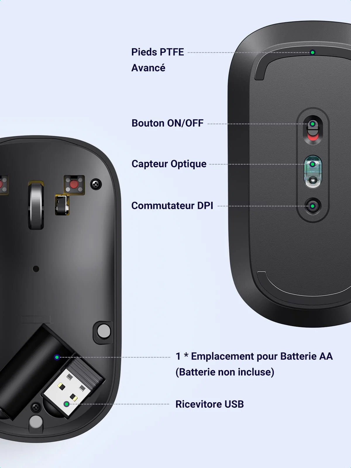 Ugreen Souris sans fil 2,4Ghz/10M GRIS Noir