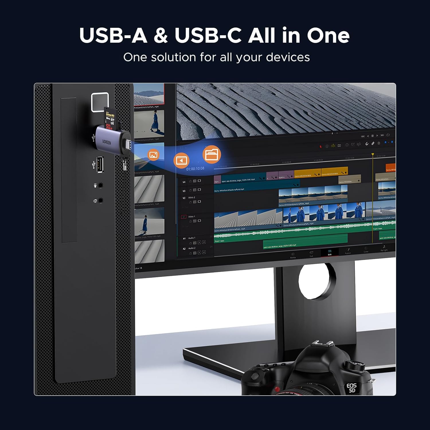 قارئ كروت ذاكرة يوغرين SD/TF بمنفذي USB-C وUSB 3.0