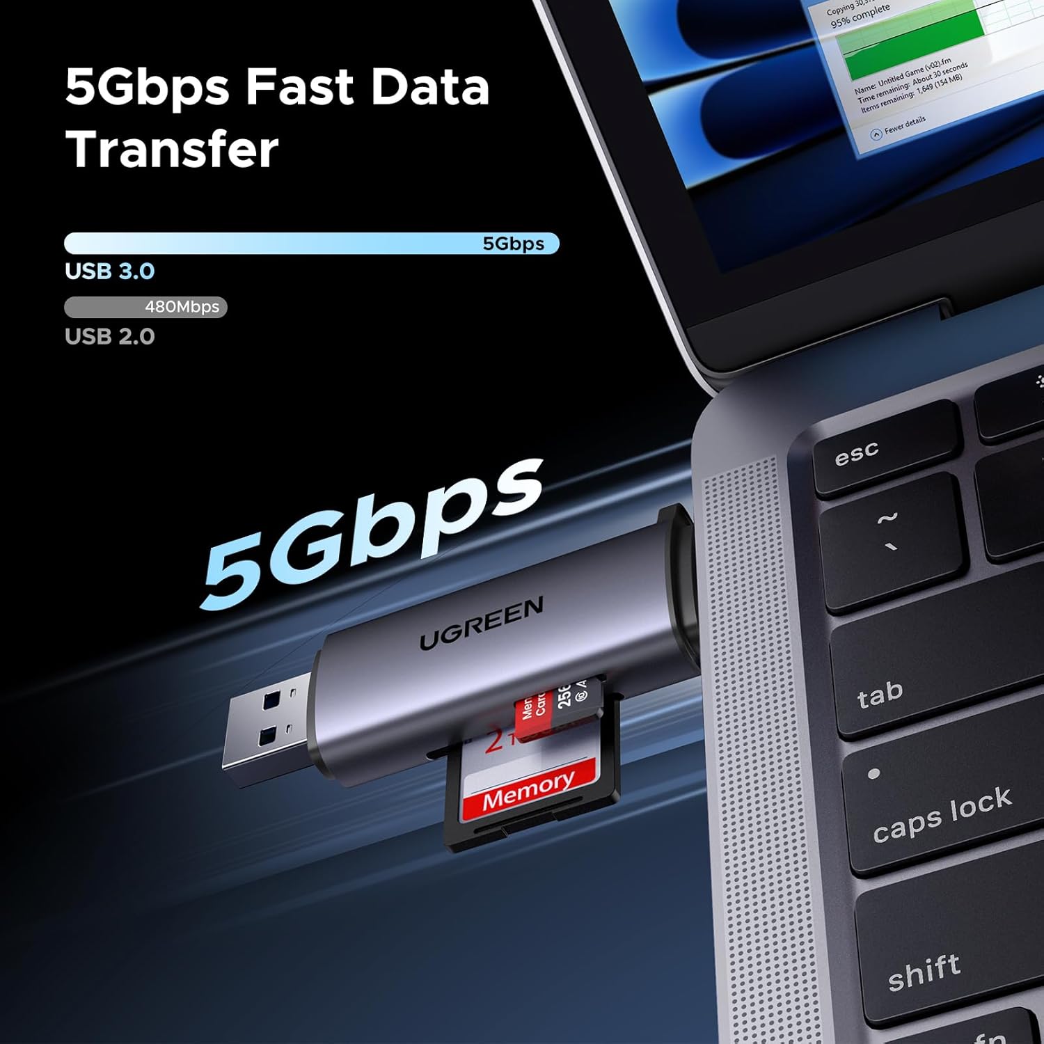 قارئ كروت ذاكرة يوغرين SD/TF بمنفذي USB-C وUSB 3.0