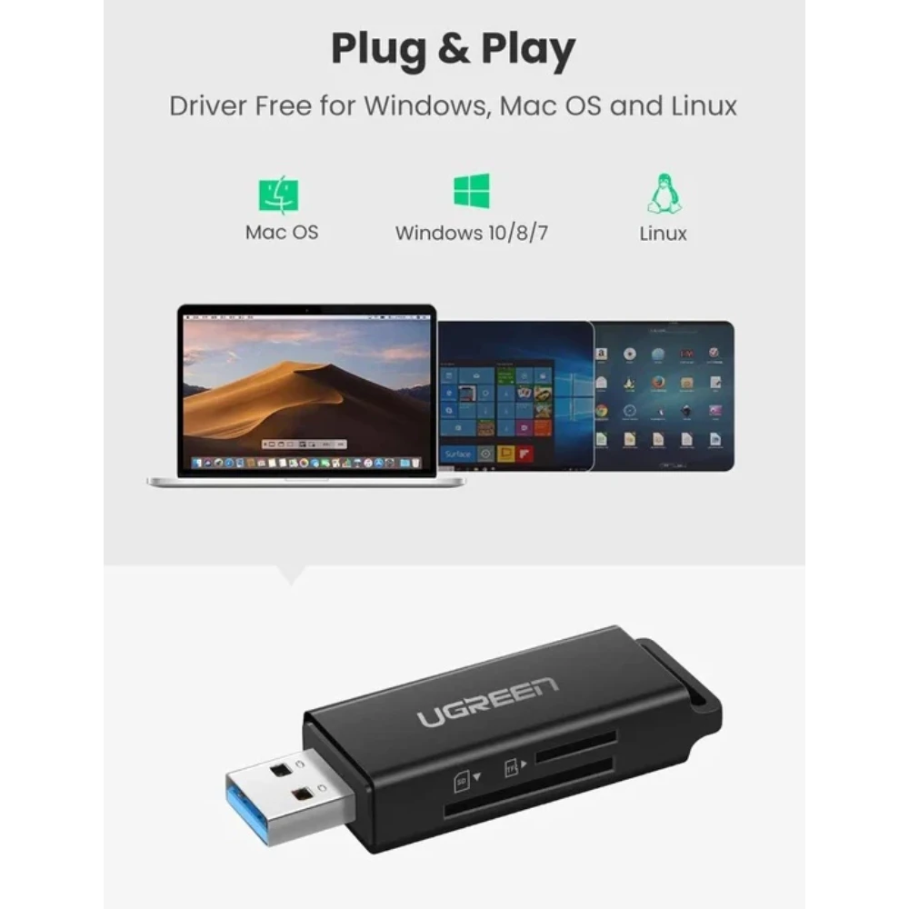 قارئ كروت ذاكرة يوغرين SD/TF بمنفذ USB 3.0 (2 في 1)